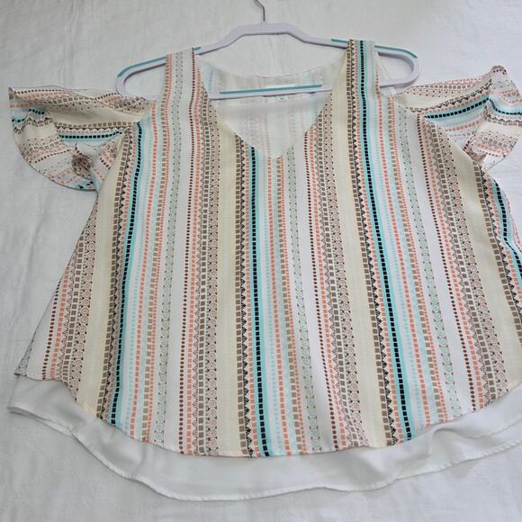 BISOU BISOU short sleeve open shoulder blouse with lining underneath size M - Picture 7 of 7